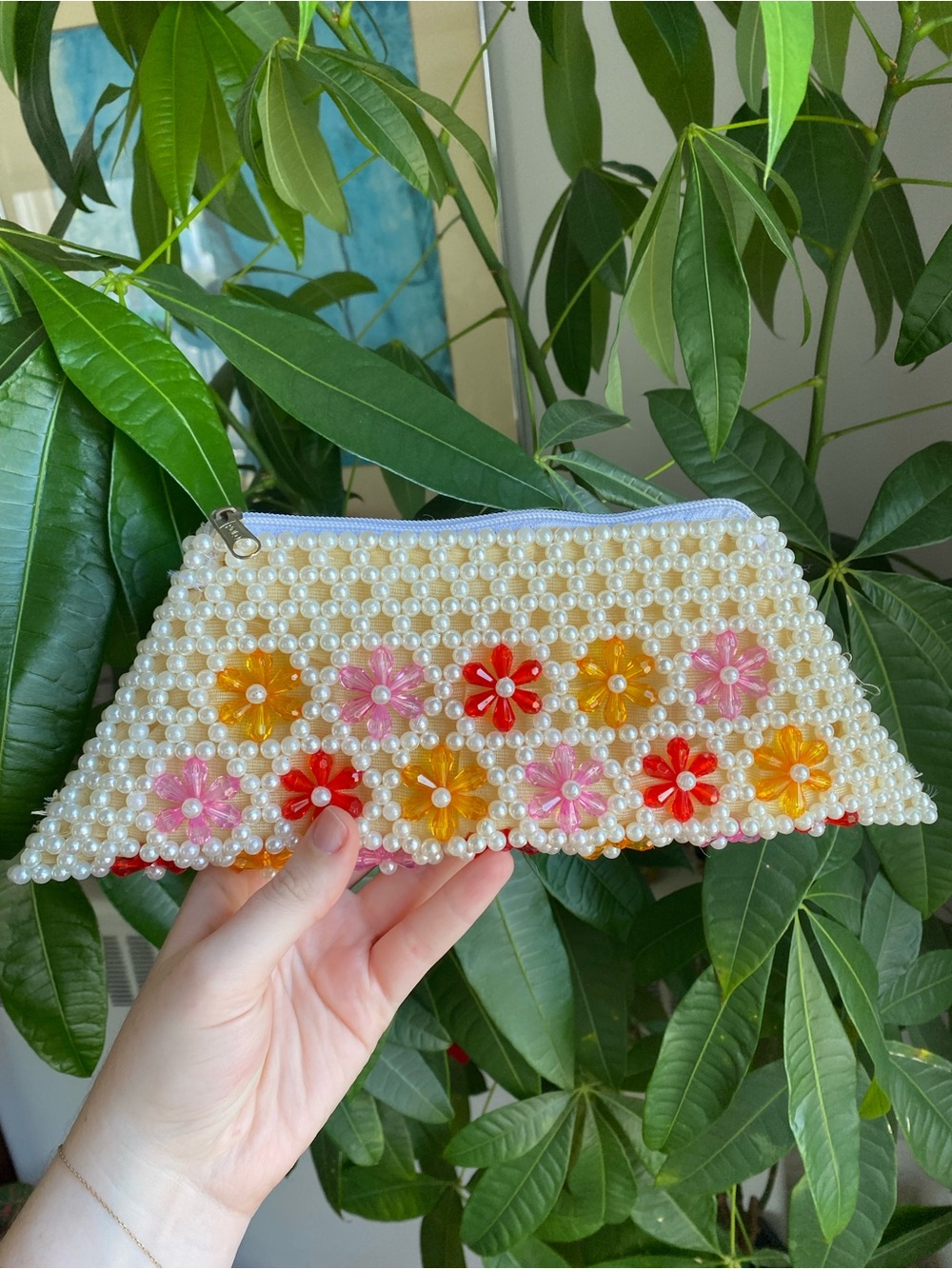 Vintage Beaded Flower Clutch with Pink, Orange and Red Flowers